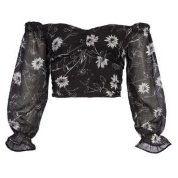 Leith Black Floral Print Sweatheart Neckline Cropped Top Size Medium - Picture 2 of 8